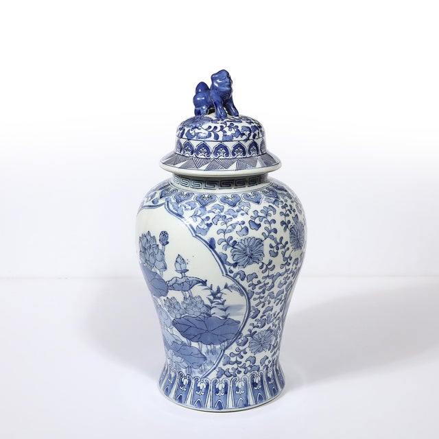 Chinese Hand Painted Blue and White Fudog and Flower Temple Jar For Sale - Image 11 of 18