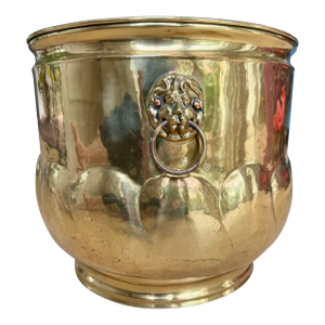 Vintage English Hand-Hammered Brass Lion Head Cachepot Jardinière