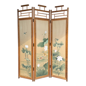 19th Century Chippendale Hand Painted Silk Bamboo Screen