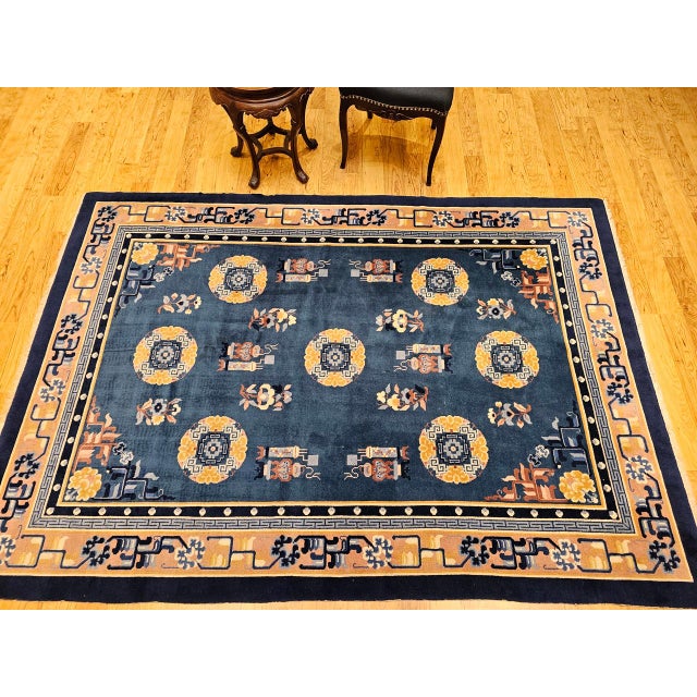 Early 20th Century Vintage Art Deco Chinese Rug, Handwoven Wool Pile, Floral Design, Blue, 6' x 8' For Sale - Image 5 of 14