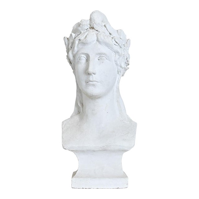 French Vintage Plaster Bust of a Woman in Laurel Leaf Crown For Sale