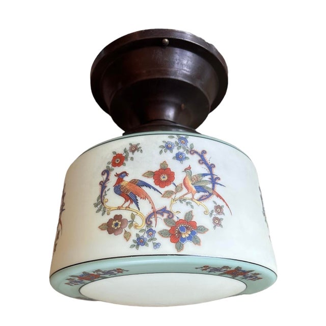 American Botanical and Bird Motif Painted Cased Glass Flush Mount Fixture on Bronze Holder, Circa 1930 For Sale - Image 3 of 4