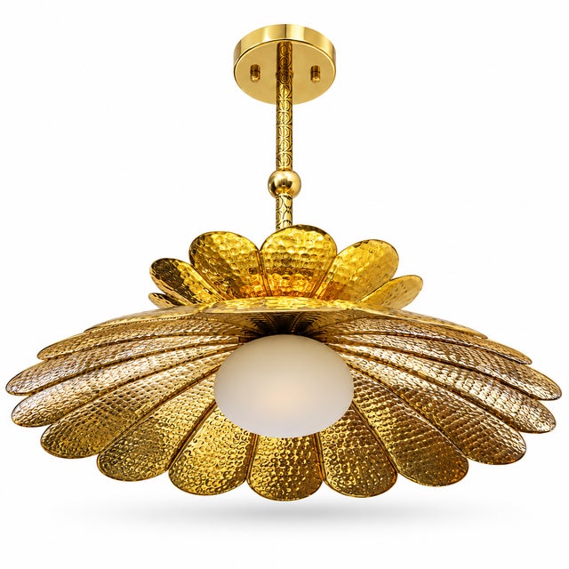 Handmade Brass Flower Chandelier, Hammered Lotus Ceiling Light, Floral Pendant Fixture, Art Deco Lighting for Living Room and Bedroom For Sale - Image 11 of 13