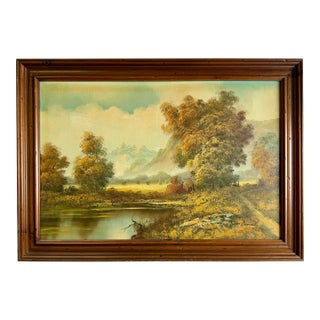 Mid-Century Signed Original Oil Painting on Canvas, Lake & Mountains 29x41 For Sale