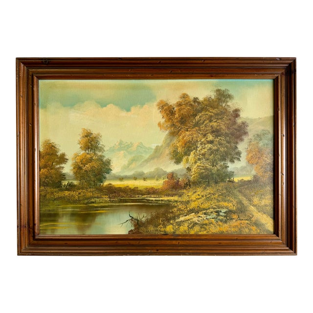 Mid-Century Signed Original Oil Painting on Canvas, Lake & Mountains 29x41 For Sale