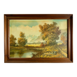 Mid-Century Signed Original Oil Painting on Canvas, Lake & Mountains 29x41