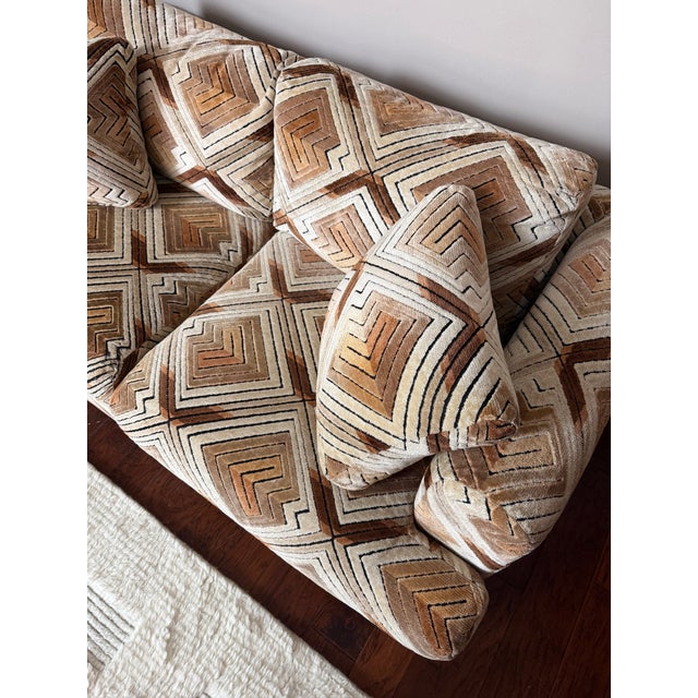 Tan Vintage 1970s Groovy Loveseat Sofa With Jack Lenor Larson Fabric For Sale - Image 8 of 12