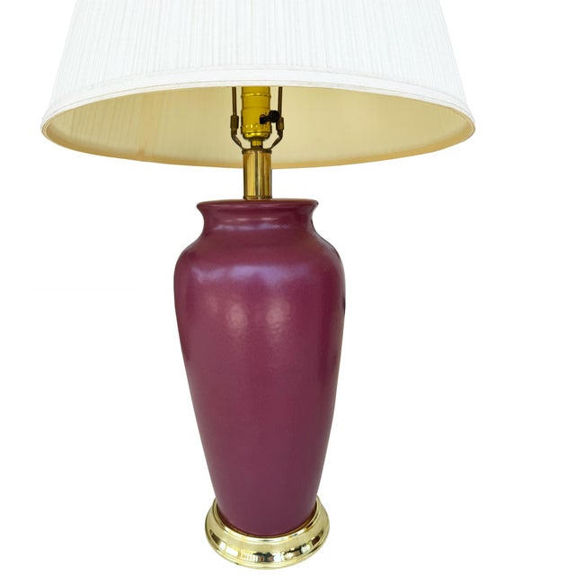 Mid-Century Modern Vintage Sang De Boeuf Oxblood Glazed Ceramic and Brass Table Lamps With Shades - a Pair For Sale - Image 3 of 10