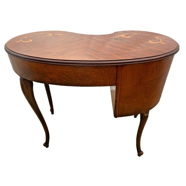 Brown Vintage French Desk Kidney Shaped Vanity Three Carved Drawers Inlays Petite Size For Sale - Image 8 of 13