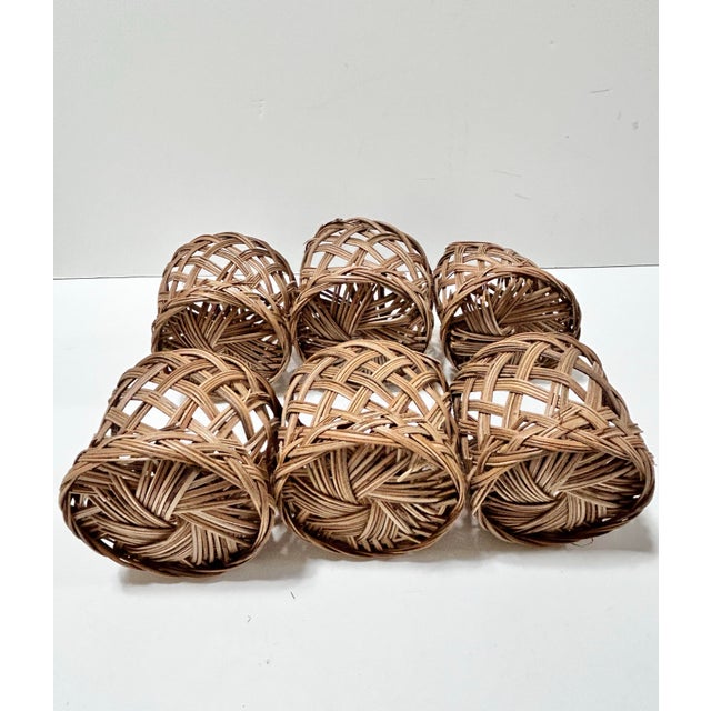 Vintage Woven Rattan Napkin Rings With Matching Tray – Set of 6 - Coastal Entertaining Tabletop Basket Set For Sale In Louisville - Image 6 of 9
