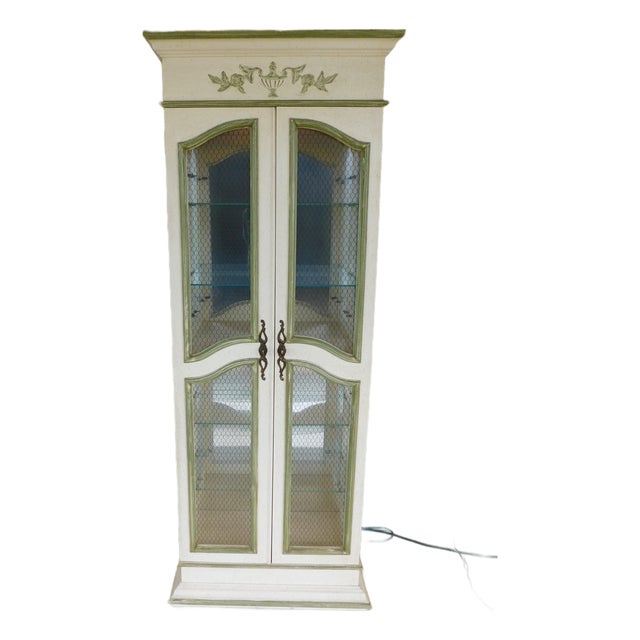 Hekman French Country Style Alabaster Lime Green Lighted Curio Cabinet For Sale