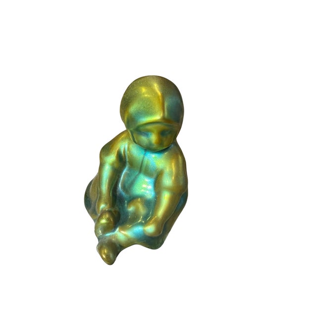 Zsolnay Vintage Zsolnay Hand Crafted Pottery Small Children Sitting & Holding Basket, Eosin Iridescent Green Glaze For Sale - Image 4 of 11