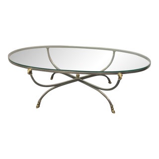Maison Jensen, Steel and Brass Rams Head Oval Coffee Table with Glass Top For Sale
