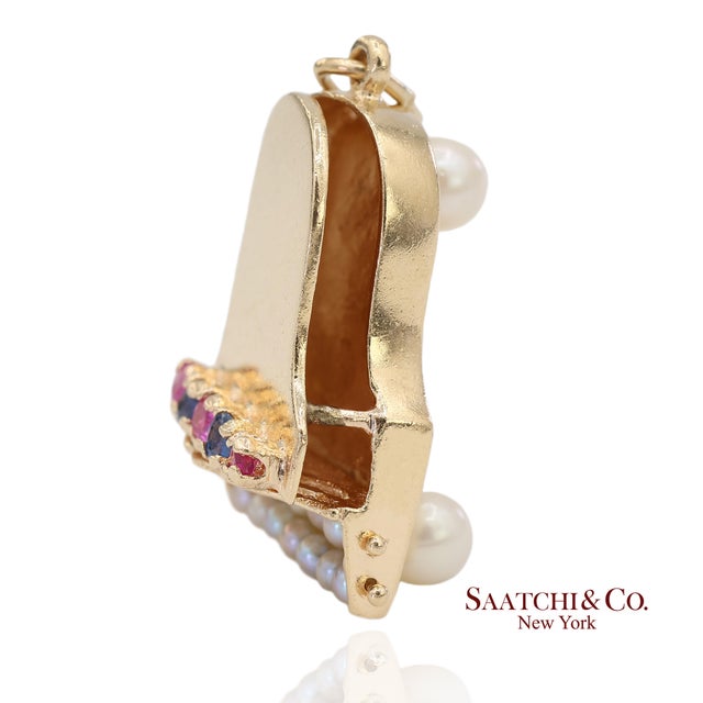 14k Solid Yellow Gold Pearl and Multicolor Gemstone Piano Charm Pendant For Sale - Image 4 of 11