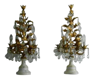 1940's Italian Hollywood Regency Crystal, Gilt Tole, Marble Topiary Form Girandoles/ Table Lamps - a Pair