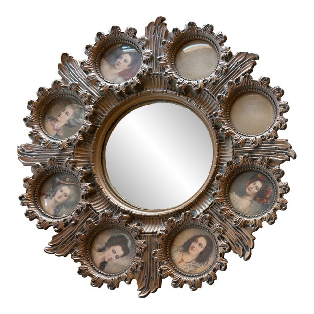Vintage Hollywood Regency Convex Sunburst Mirror Surrounded by Eight Circular Frames, Ready to Hang For Sale