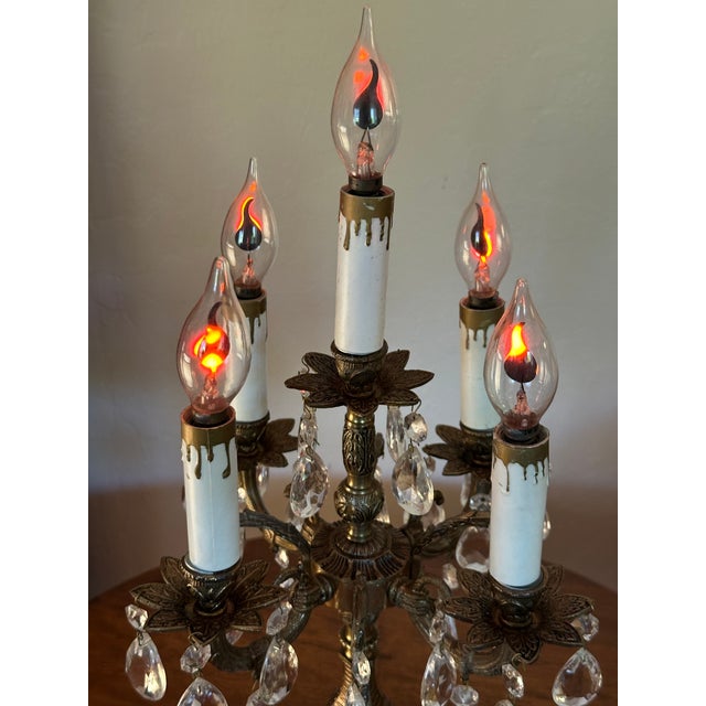 Art Nouveau Vintage Spanish Brass & Crystal Candelabra Lamp For Sale - Image 3 of 14
