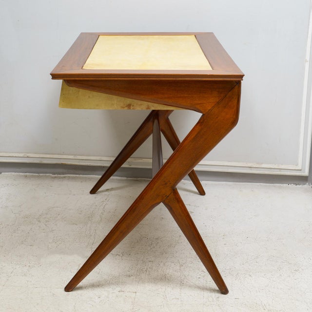 Sculptural Italian Mid-Century Mahogany and Parchment Desk With Three Drawers For Sale - Image 9 of 10