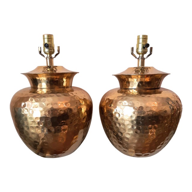 Vintage Pair of Hammered Brass Table Lamps For Sale