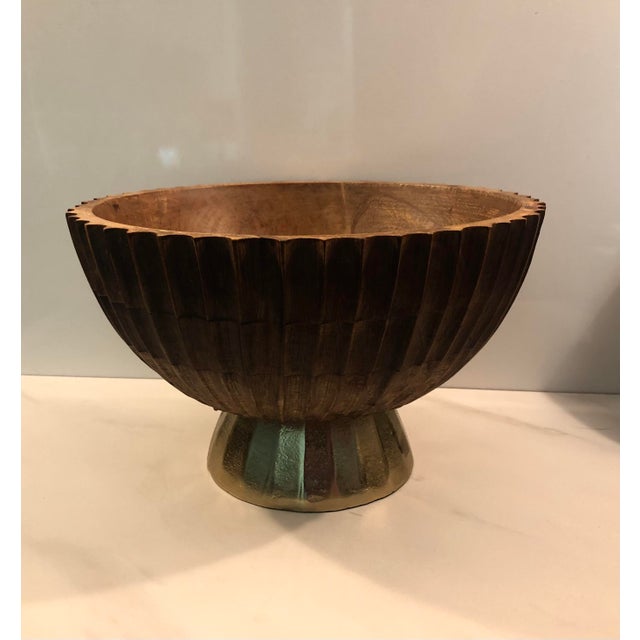 Brown 1970s Fluted Wood on Gold Pedestal Bowl For Sale - Image 8 of 11