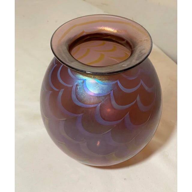 Abstract Original 1996 Hand Blown Aurene Iridescent Rick Strini Pulled Wave Glass Vase For Sale - Image 3 of 13