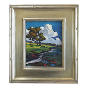 Original William Hawkins Clouds, Stream & Landscape Oil Painting Including the Antiqued Silver Wood Frame