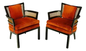Pair of Baker Ebonized Mahogany and Cane Button Tufted Armchairs