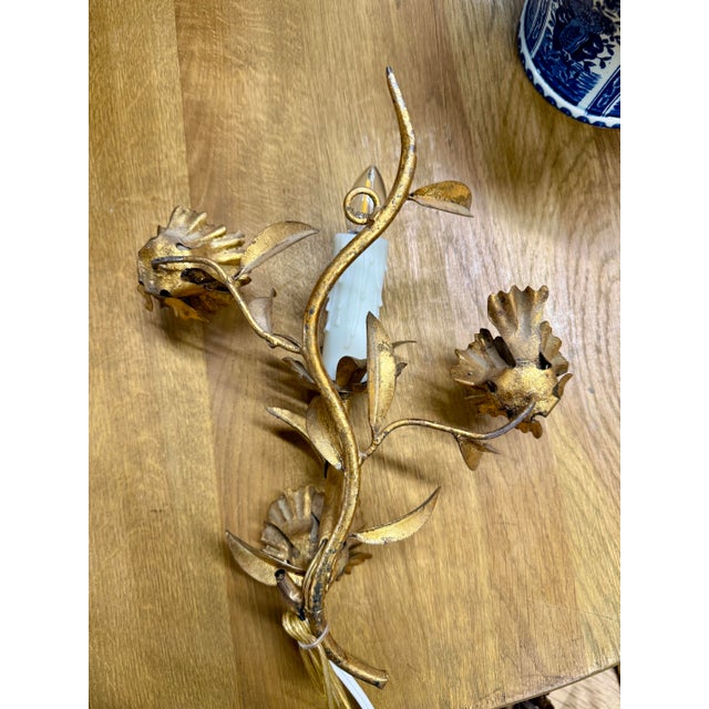 Early 20th Century Antique French Tole Floral Wall Sconces, Gilt Iron, Rewired (1 Double, 2 Single) - Set of 3 For Sale - Image 5 of 8