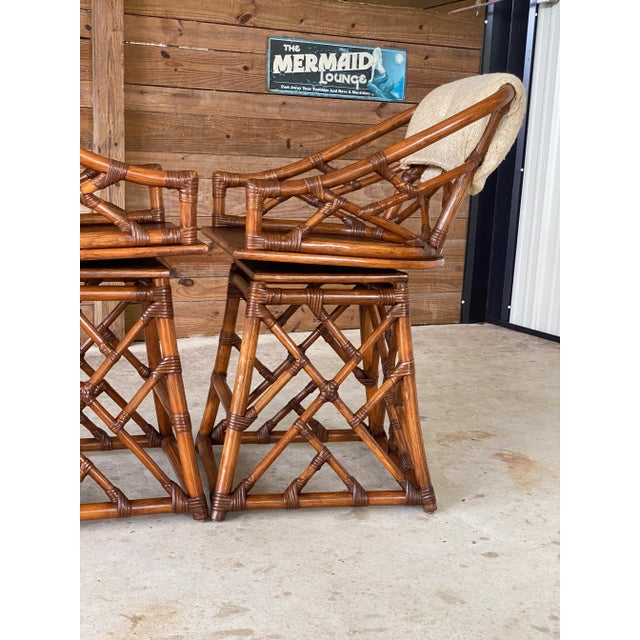 1980s Vintage Coastal Chippendale Rattan Swivel Counter Stools-Pair For Sale - Image 5 of 12