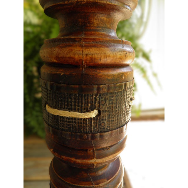 Late 20th Century VTG Wooden Pillar Candle Holders Dark Brown Turned Wood Spindle Set of 2 For Sale - Image 5 of 7