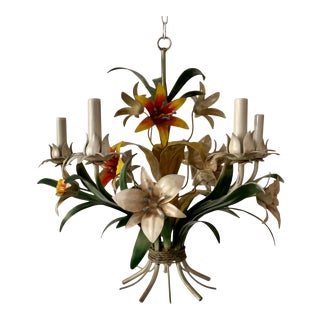 Vintage Italian Floral Tole 5 Light Chandelier For Sale