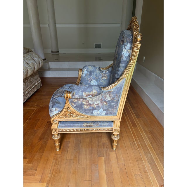 1990s 1990s Vintage Pair of Asnaghi Fauteuil Giltwood Carved Armchairs With Silk Floral Upholstery For Sale - Image 5 of 11