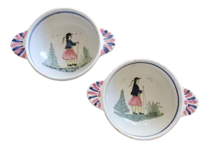 Antique Hb Quimper French Pottery Bowls - a Pair