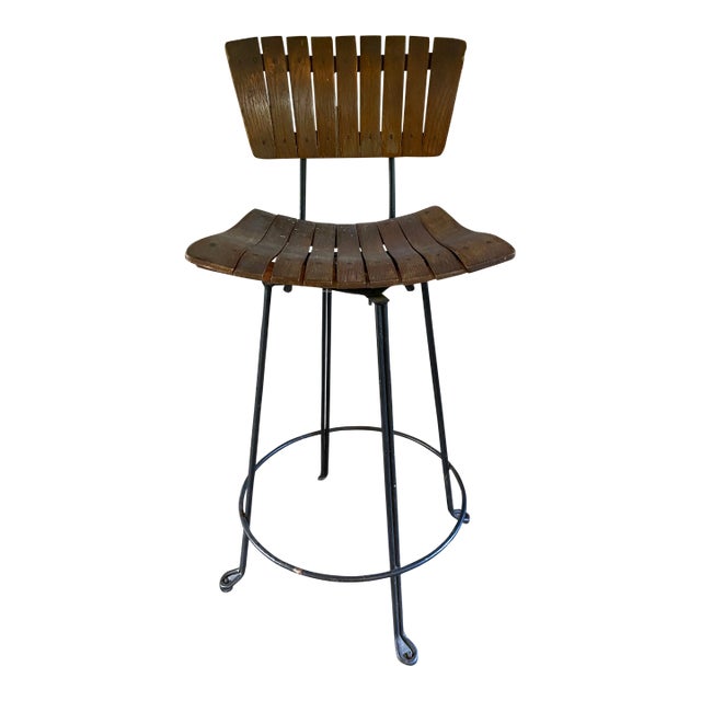 Mid Century Modern Arthur Umanoff Counter Bar Stool Slat Back Bent Wood Swivel Industrial Chair 1963 For Sale