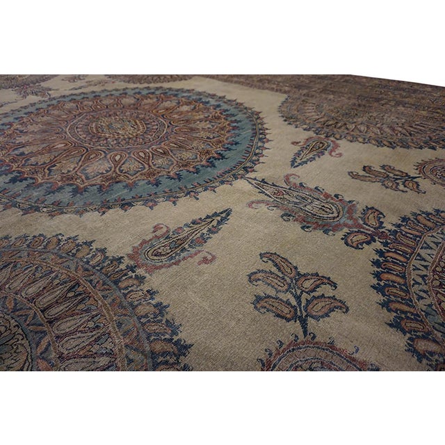 Amazing Tan-Ecru Background Color Medallion Design Antique Persian Kirman Laver Rug For Sale - Image 9 of 12