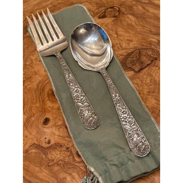 This beautifully detailed and well balanced S. Kirk Repousse Pattern Sterling Silver Large Heavy Serving Spoon & Fork...