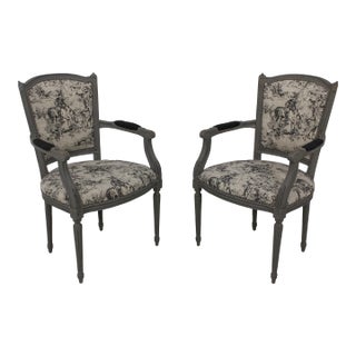 Pair French Louis XVI Custom Upholstered Painted Armchairs For Sale