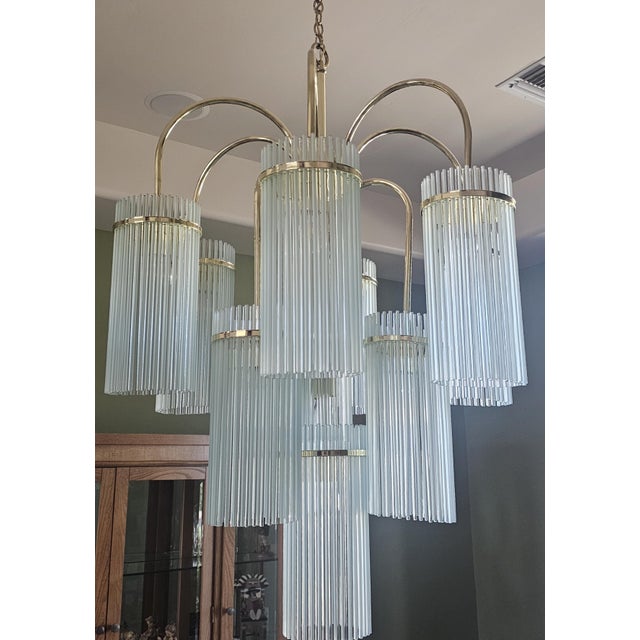 Hollywood Regency 1970s Gaetano Sciolari 9-Light Brass & Glass Chandelier | Italian Modern Hollywood Regency For Sale - Image 3 of 7