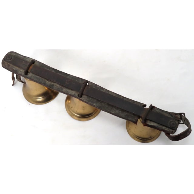 American Nice Original Set of 3 Antique American Leather & Brass Horse Drawn Snow Sleigh & Buggy Bells For Sale - Image 3 of 13