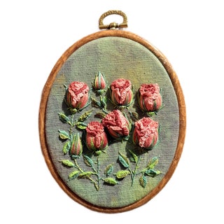3d Rose Stumpwork Embroidery Art, Framed Botanical Sculpture, Handmade Floral Wall Decor For Sale