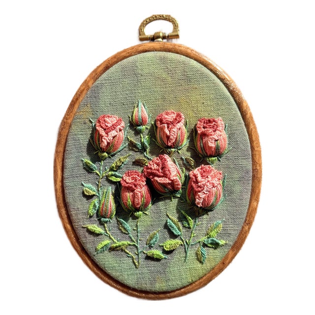 3d Rose Stumpwork Embroidery Art, Framed Botanical Sculpture, Handmade Floral Wall Decor For Sale