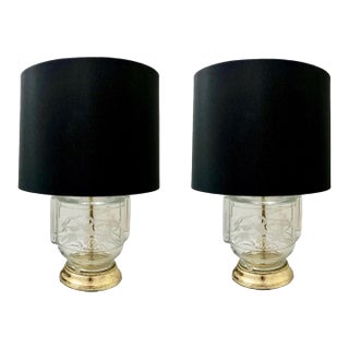 Pair of Art Deco-Inspired Clear Glass and Brass Lamps With Shades For Sale
