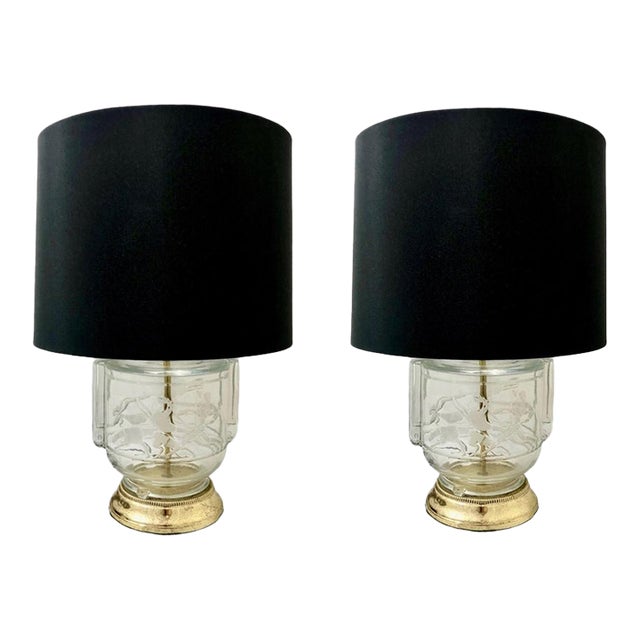 Pair of Art Deco-Inspired Clear Glass and Brass Lamps With Shades For Sale