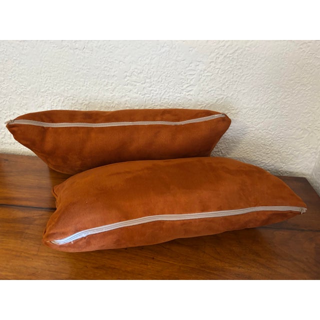 Late 20th Century Faux Suede Lumbar Pillow Pair, Burnt Orange For Sale - Image 5 of 6