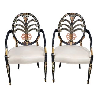 Late 20th Century Pair of Karges Hepplewhite Plum Arm Chairs Ebonized, Carved Hand Painted Leather Fabric For Sale
