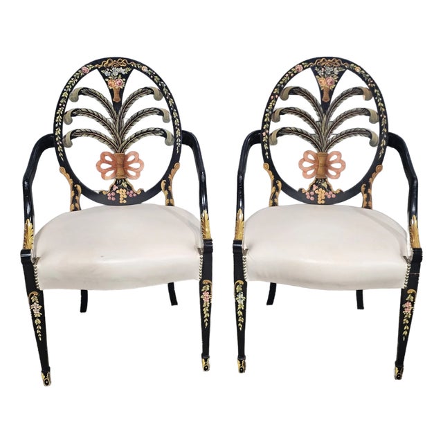 Late 20th Century Pair of Karges Hepplewhite Plum Arm Chairs Ebonized, Carved Hand Painted Leather Fabric For Sale