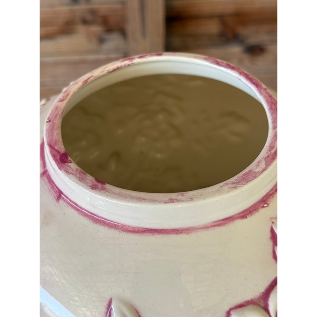 Vintage Chinoiserie Handmade Ceramic Pagoda Lidded Jar With Raised Floral Motif For Sale - Image 4 of 11