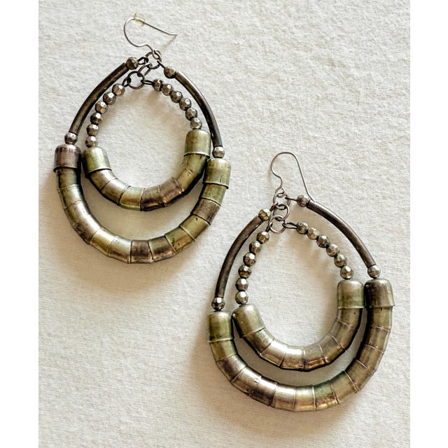 Metal Vintage Boho Chic Mixed Metal Double Hoop Statement Earrings For Sale - Image 7 of 8