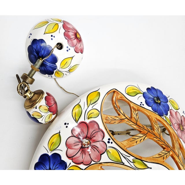 1980s Italian Style Ceramic & Brass Ornate Floral Large Pendant Light For Sale - Image 9 of 9