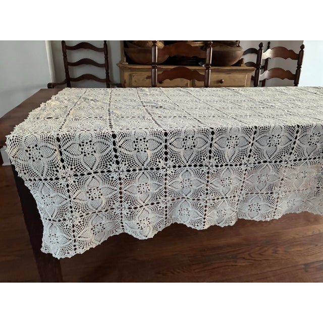 Vintage Handmade Coverlet Crochet Lace Tablecloth — Ivory Floral Heirloom Textile — French Country / Farmhouse — 56” × 82 For Sale - Image 4 of 10